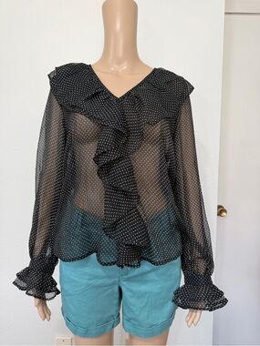 NWT MNG by Mango Black Sheer Polka Dot Ruffle Blouse Size 6